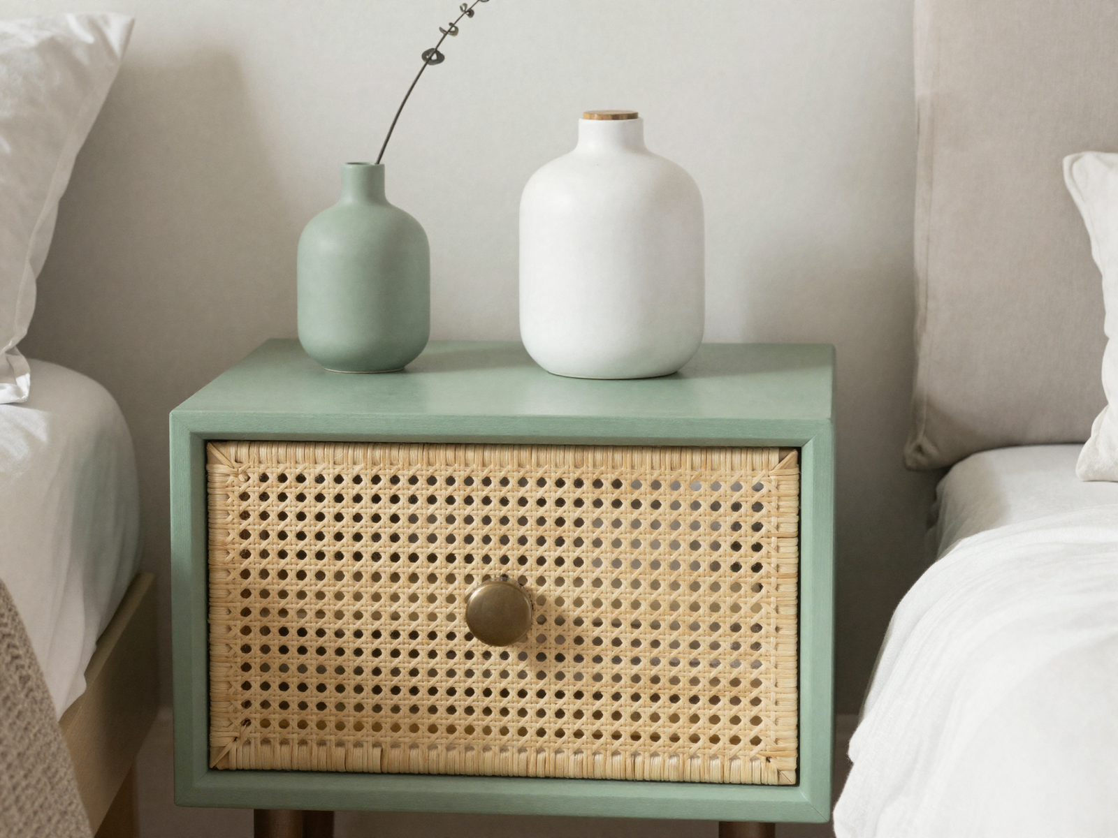Rattan nightstand styled with ceramic lamp and small vase