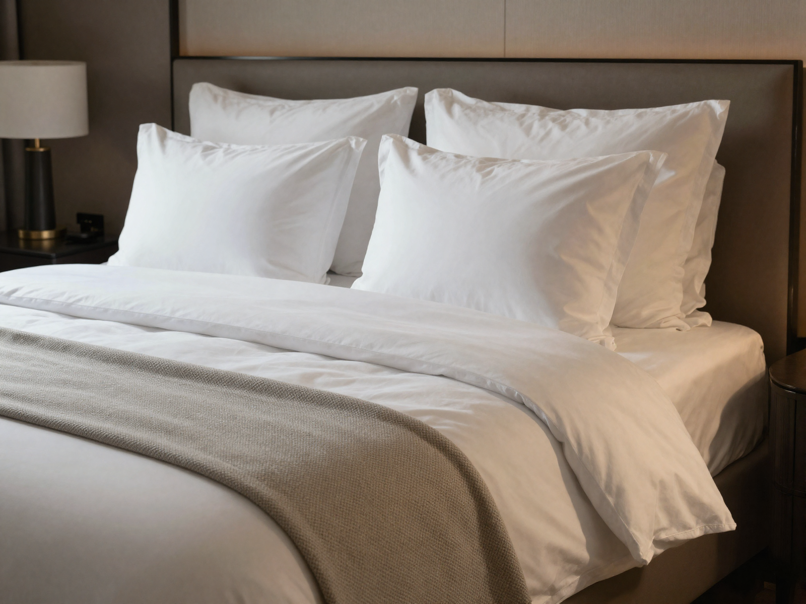Bed dressed in layered white hotel-style bedding and throws