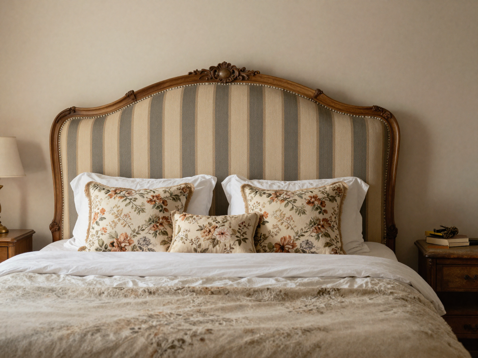Bedroom with vintage striped upholstered headboard and floral pillows