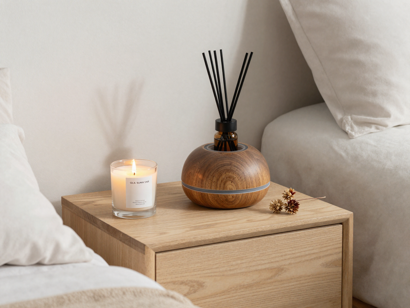 Bedroom nightstand styled with candle and diffuser for calm mood