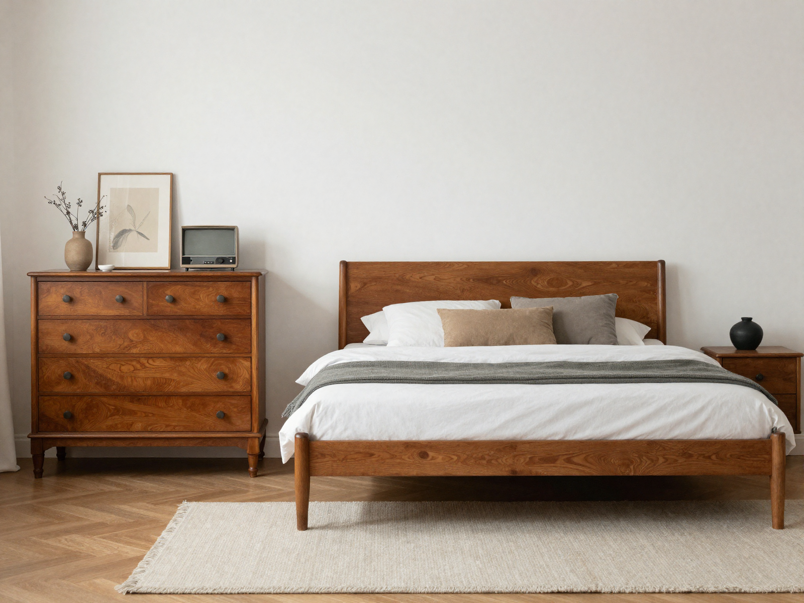 Eclectic bedroom mixing vintage dresser with modern bed frame