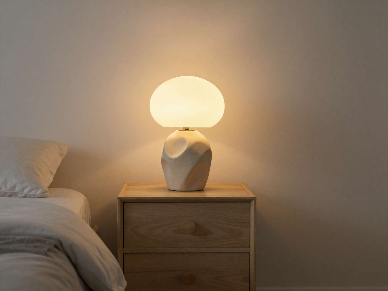 Nightstand with sculptural ceramic lamp and warm amber light