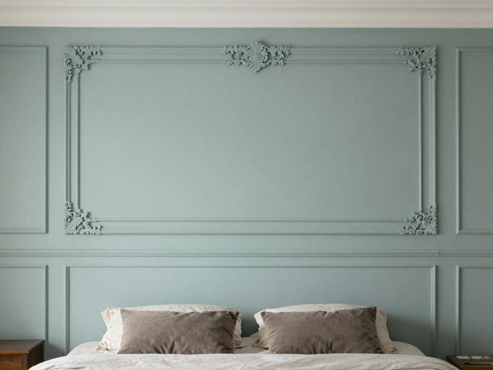 Bedroom wall with decorative molding framing the headboard