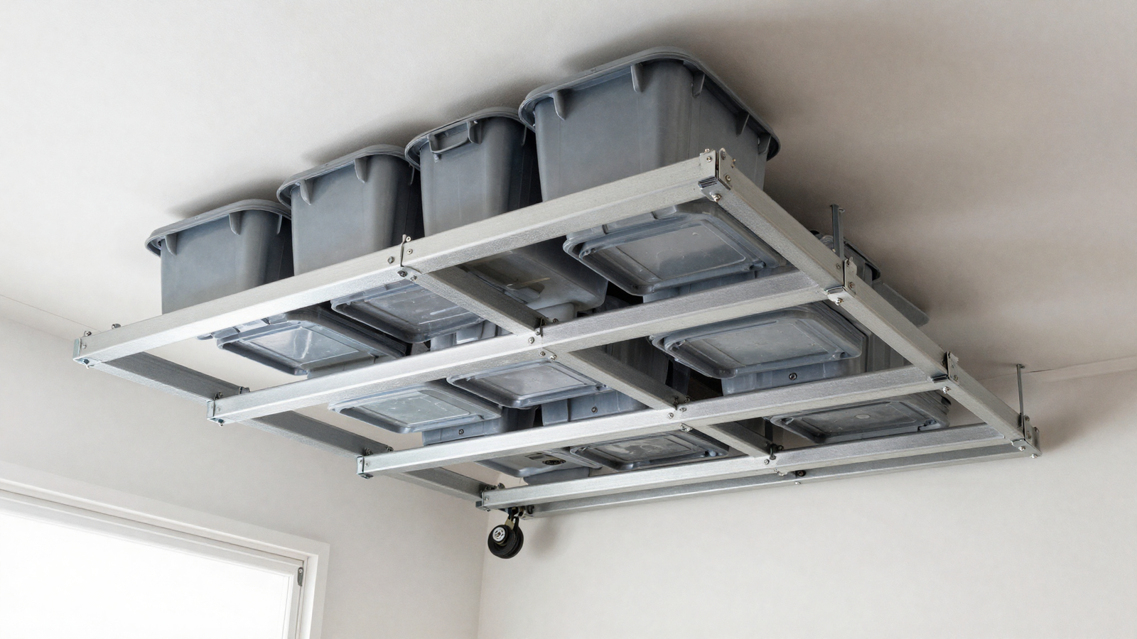 Overhead ceiling storage racks in garage holding bins above car parking space
