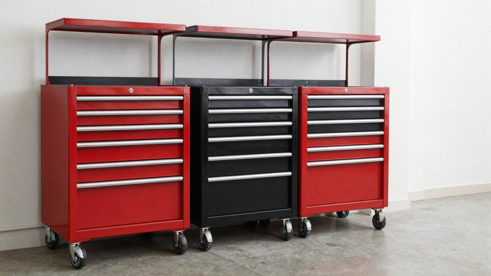 Modular rolling tool cabinets with multiple drawers in organized garage workshop