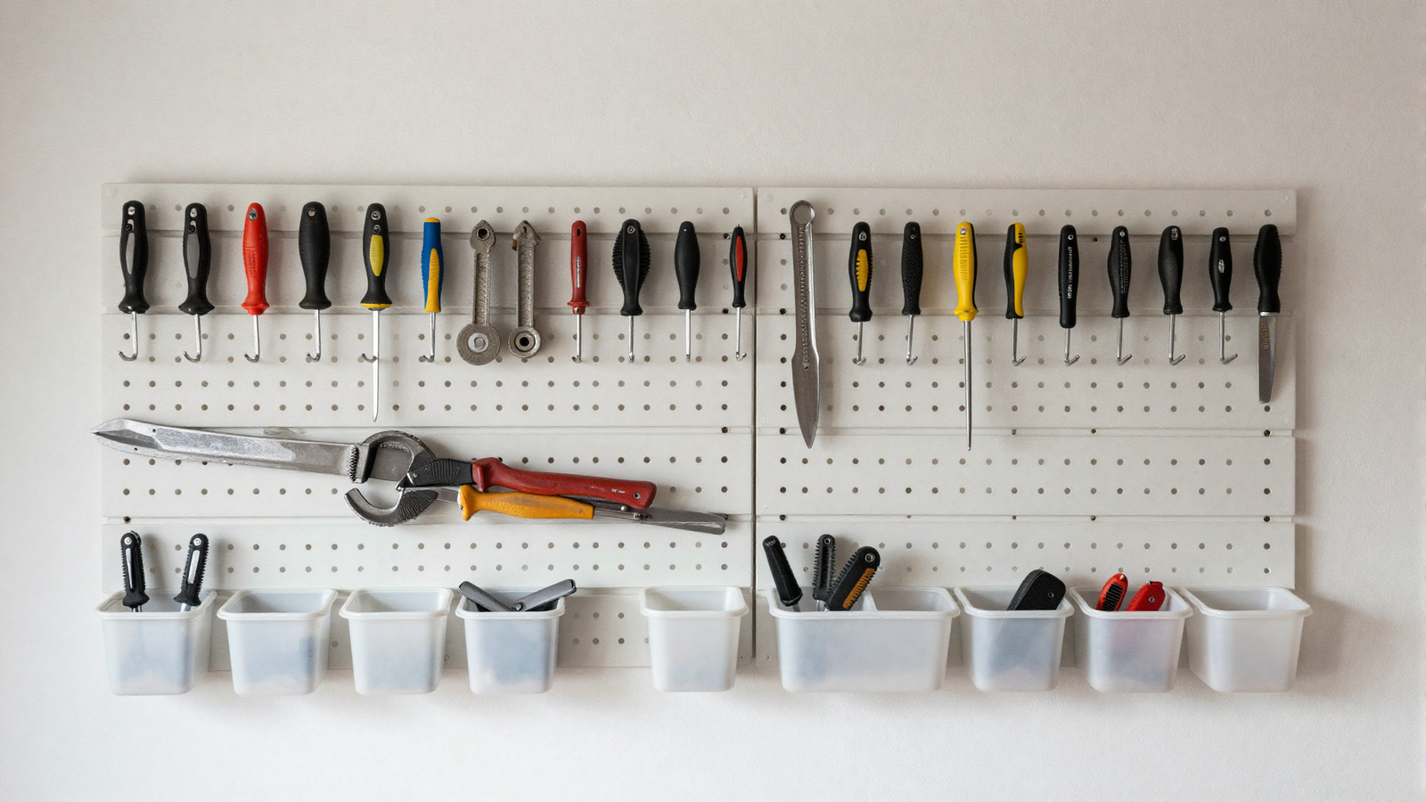 Pegboard tool wall in garage with hand tools hung in organized rows