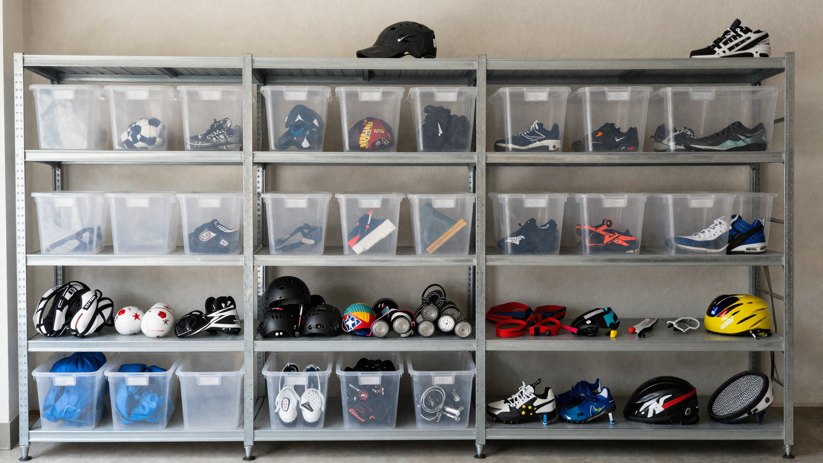 Garage shelving with labeled clear plastic bins organized by category