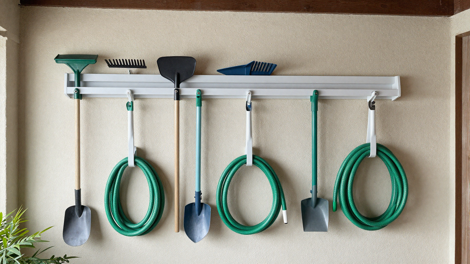 Wall-mounted garden tool rack in garage holding rakes shovels and hoses