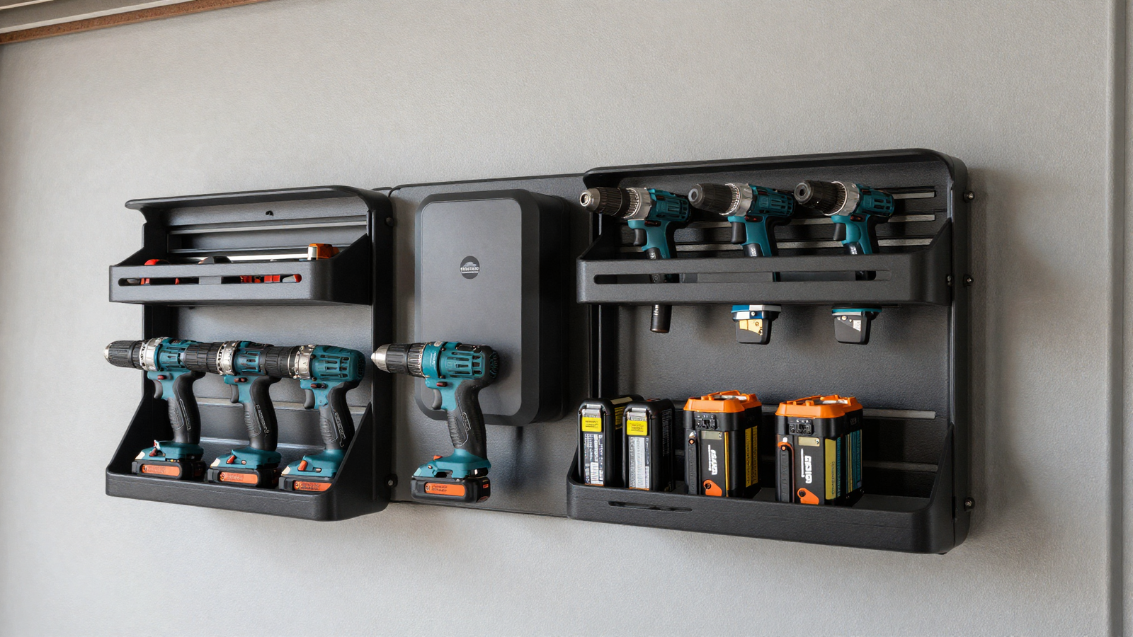 Power tool charging station on garage wall with drills and batteries docked