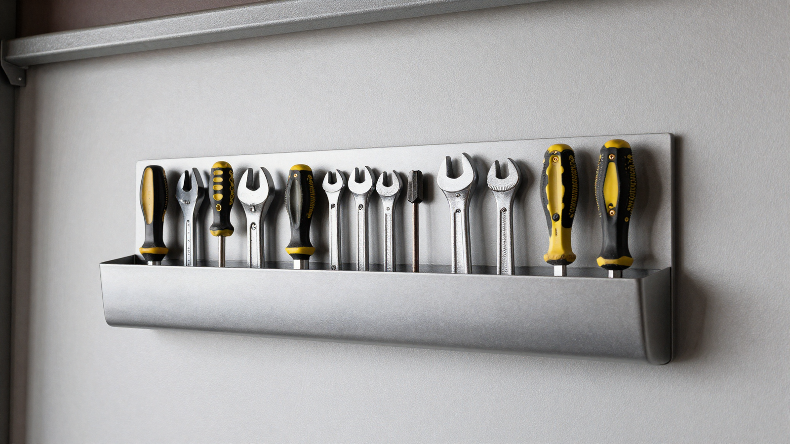 Magnetic strip tool holder on garage wall holding wrenches and screwdrivers