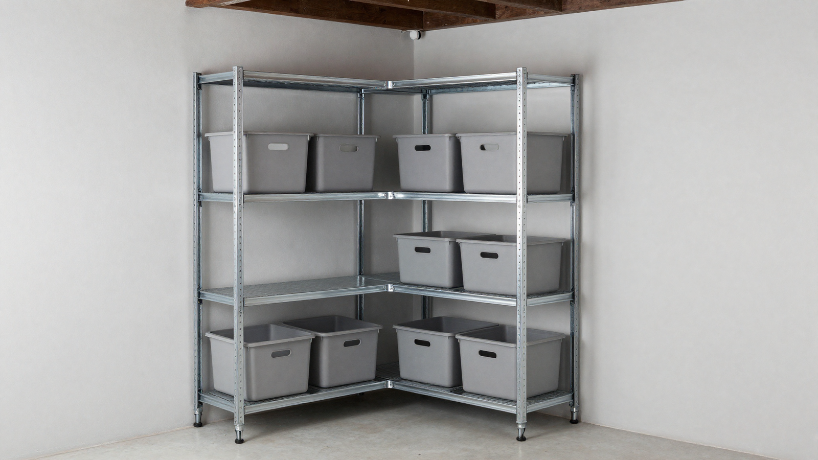 Corner shelving unit in garage maximizing unused corner space