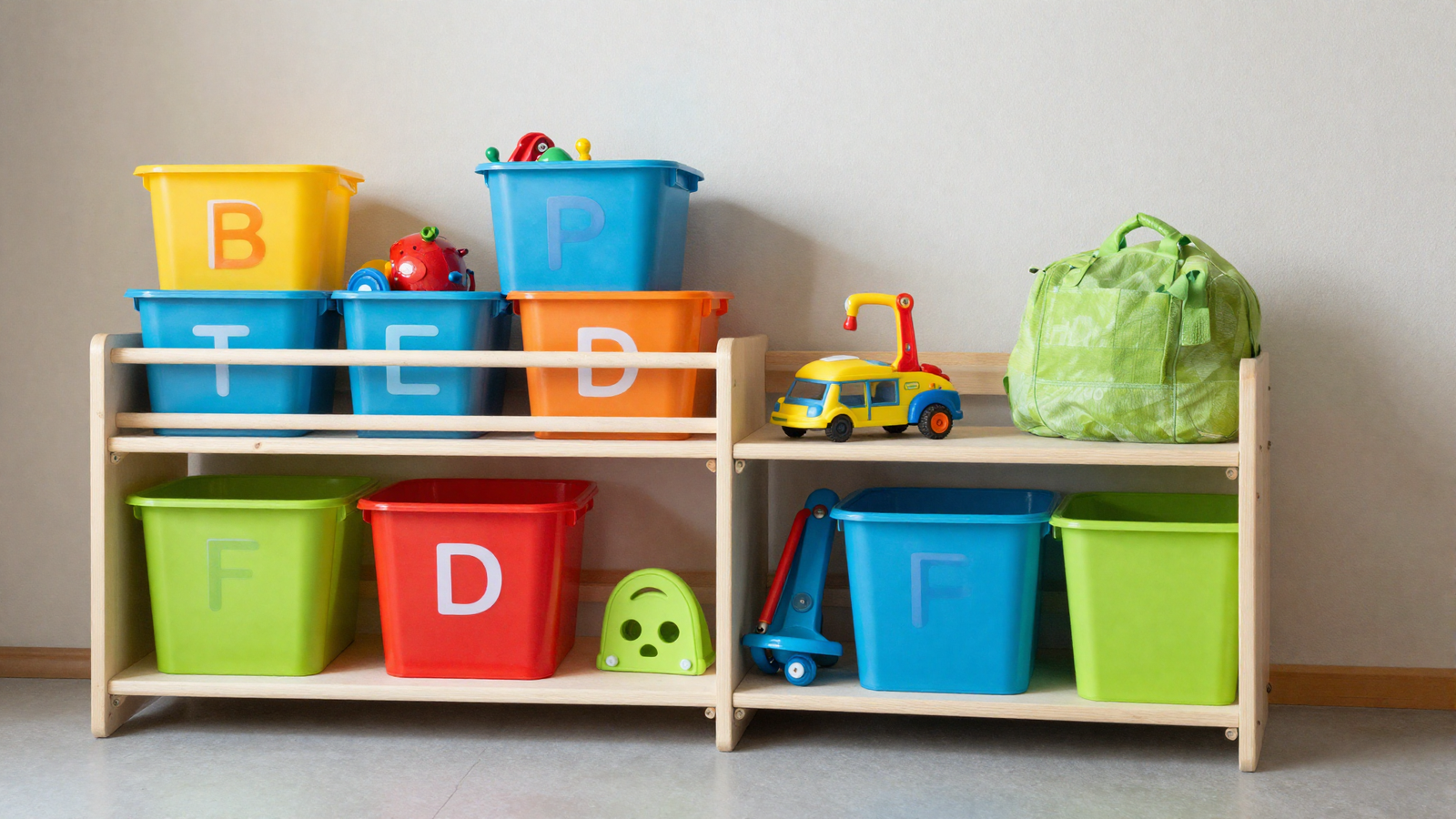 Kids zone in garage with colorful labeled bins for toys and outdoor play equipment
