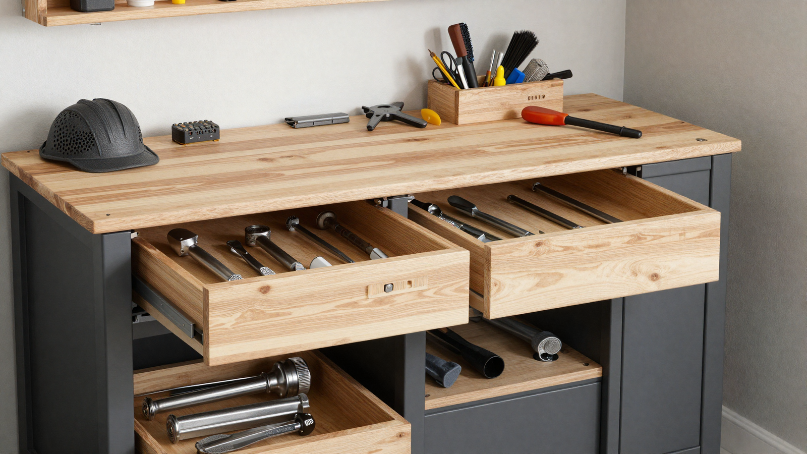 Garage workbench with under-storage drawers and organized work surface