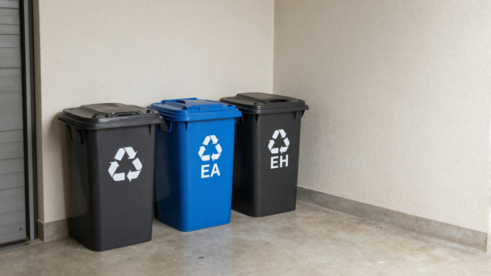 Recycling and trash sorting zone in garage with labeled bins