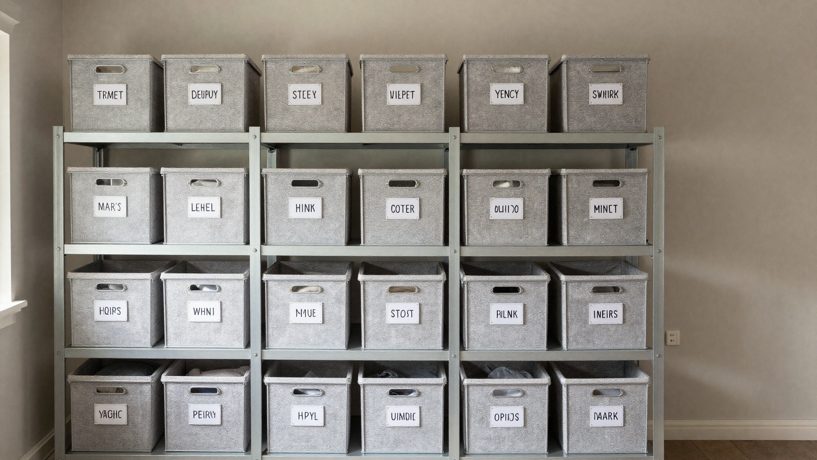 Seasonal decor storage shelving in garage with labeled holiday decoration boxes