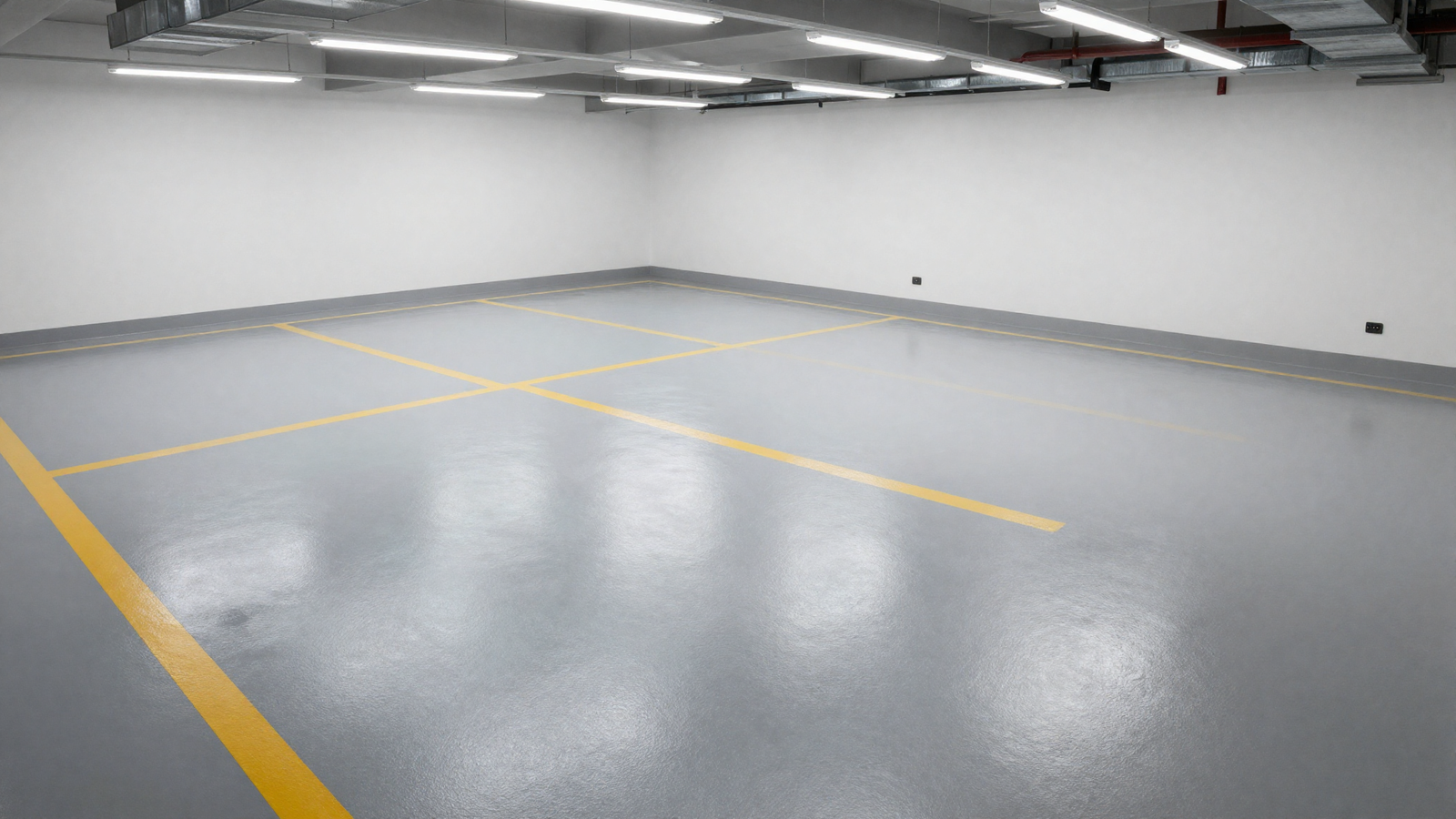 Garage epoxy floor coating with painted zone markings for parking and storage