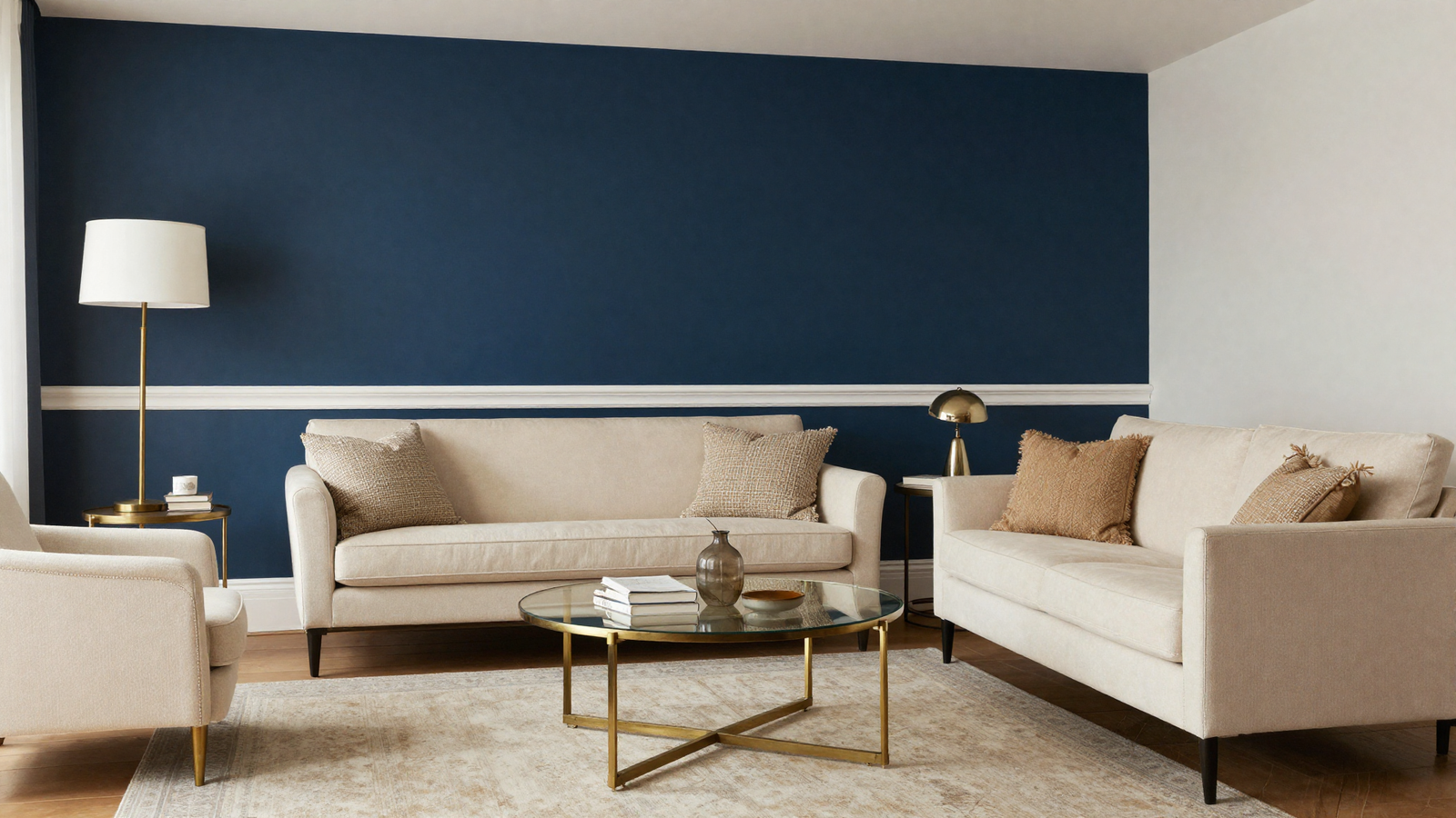 Living room with deep navy blue painted accent wall and brass accents