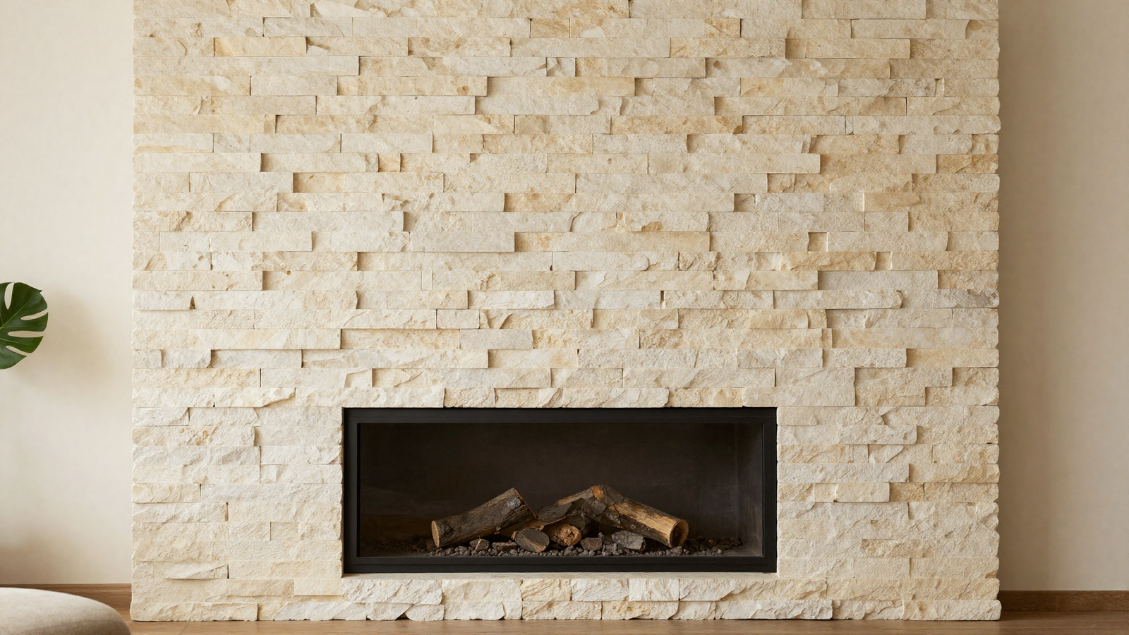 Living room fireplace wall with warm cream stacked stone veneer