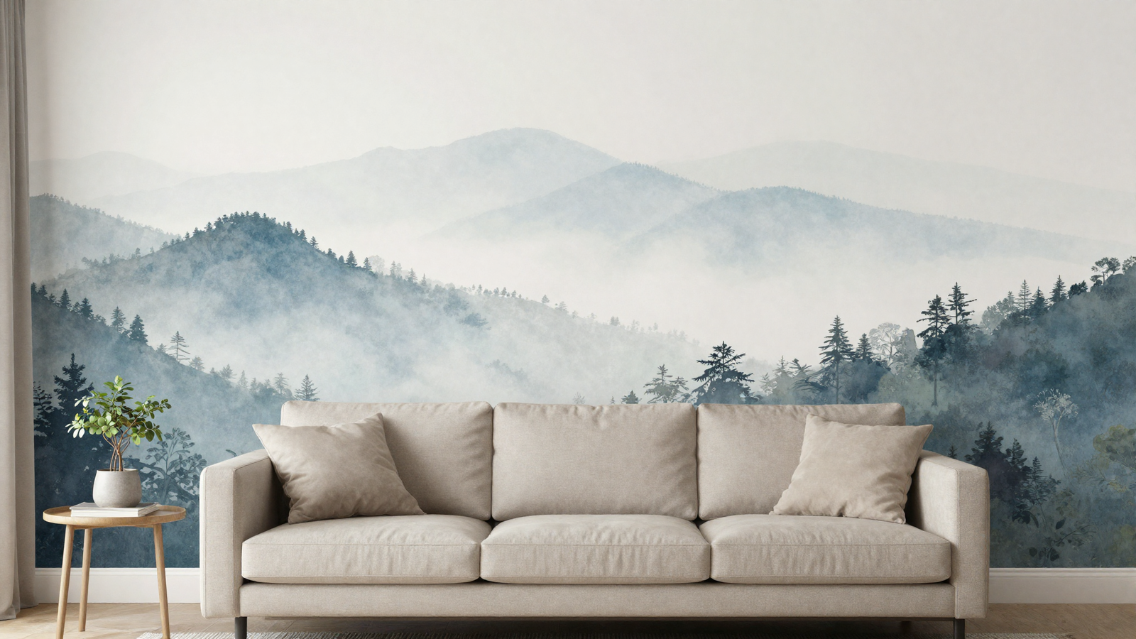 Living room accent wall with misty mountain landscape mural wallpaper behind sofa