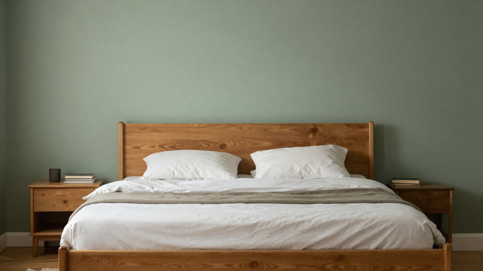 Bedroom with sage green painted headboard accent wall