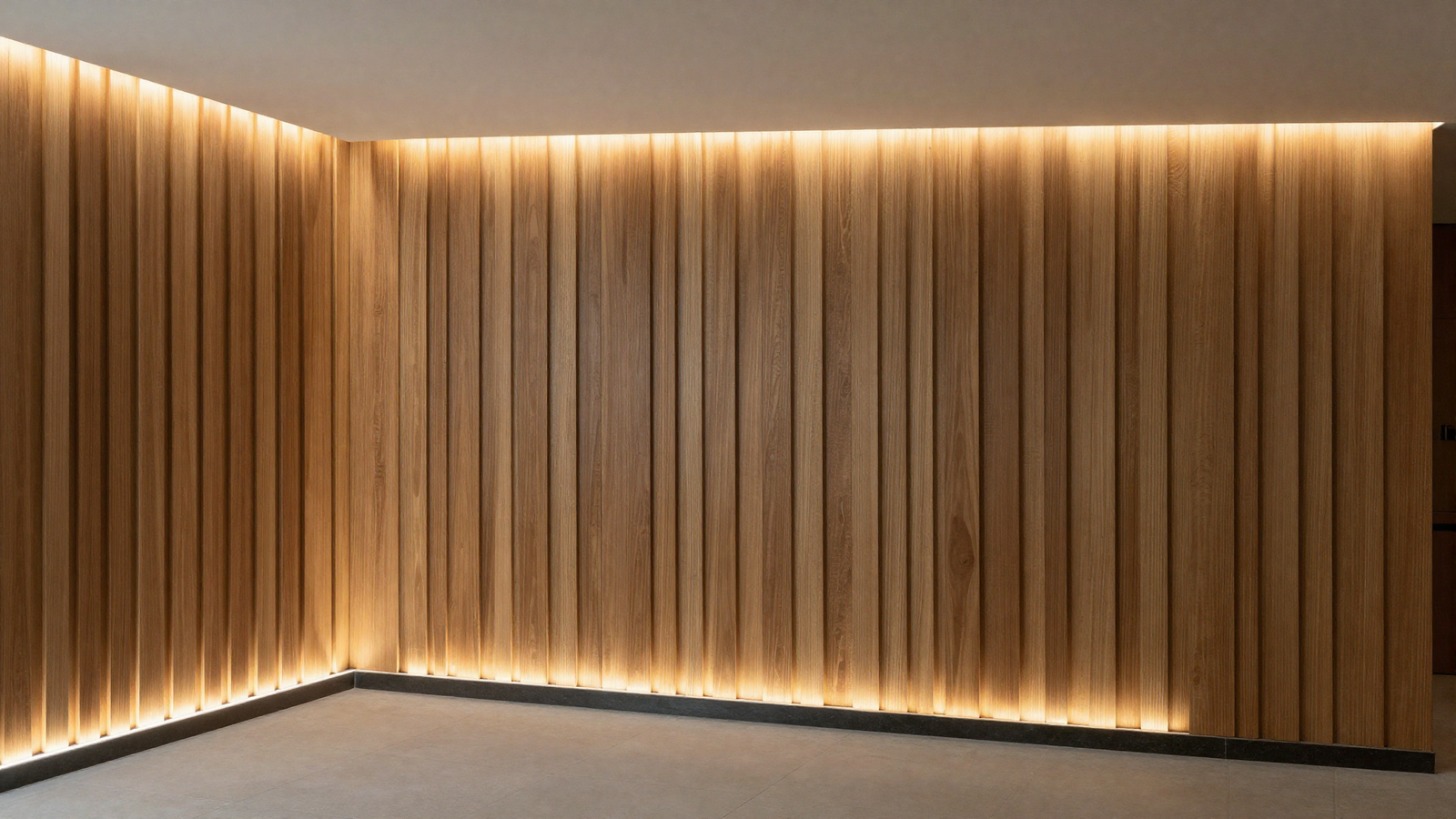 Media room wall with vertical fluted wood panels and integrated LED backlighting
