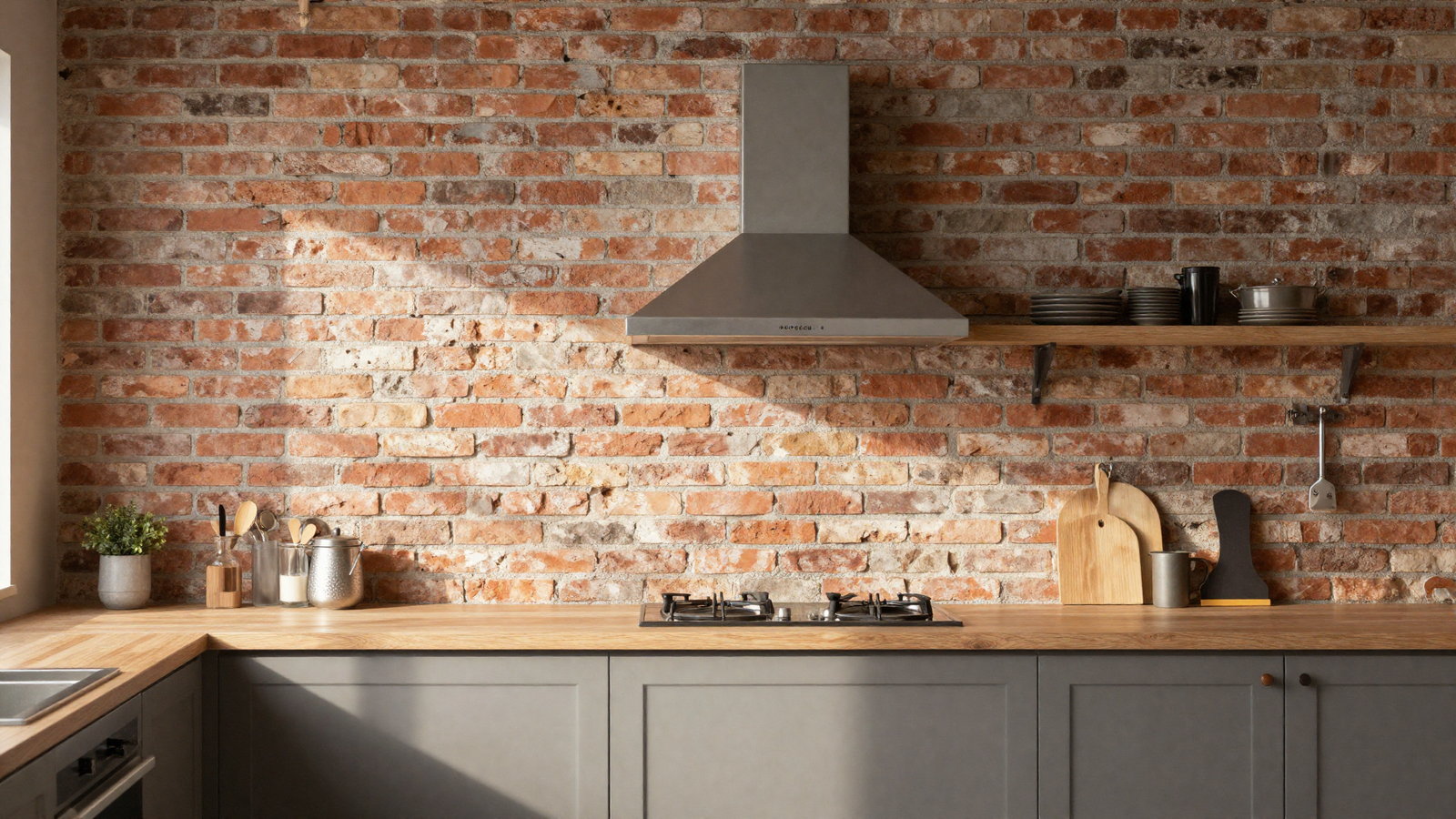 Kitchen wall with exposed red brick accent in industrial modern interior