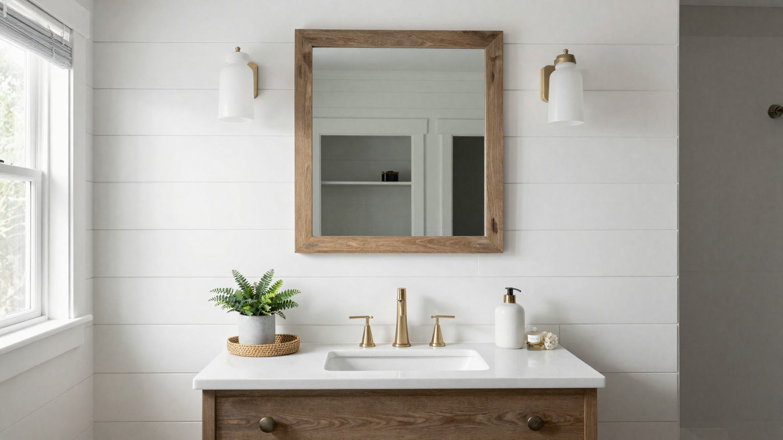 Bathroom wall with vertical white shiplap paneling accent