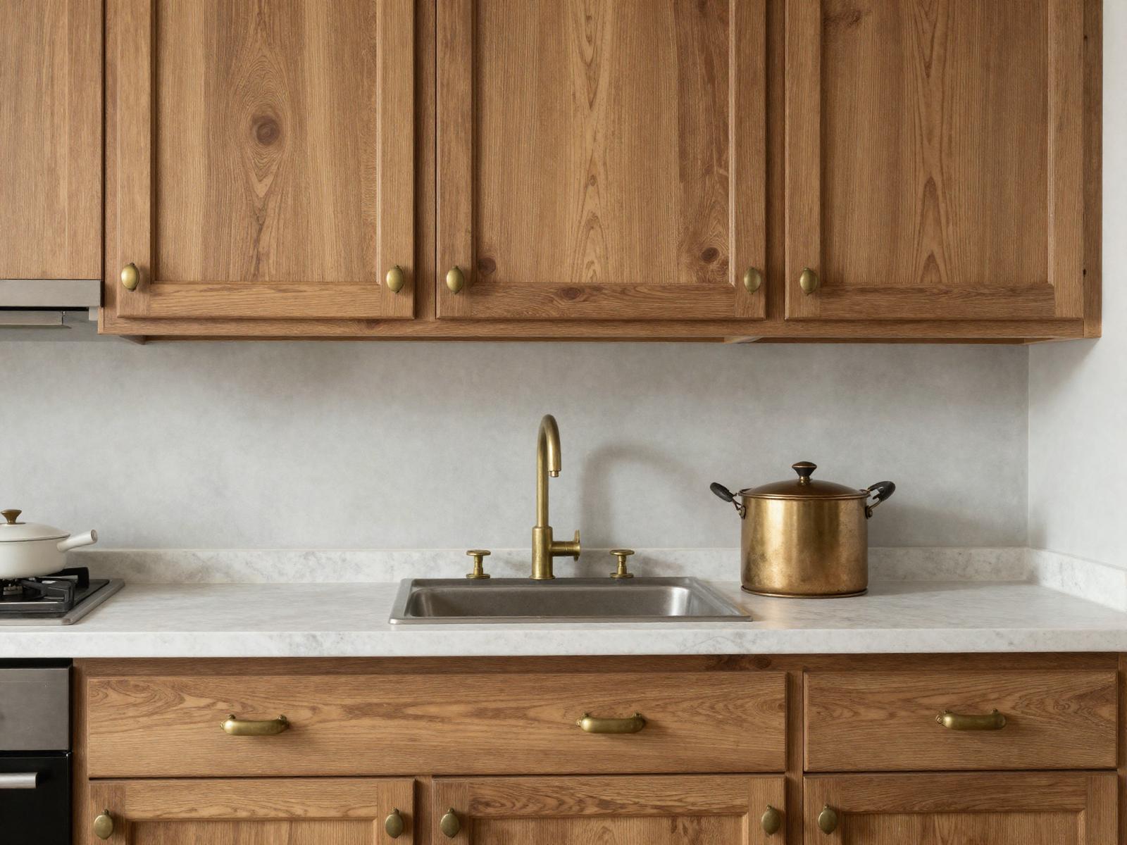 Kitchen cabinets with natural wood grain and aged brass hardware