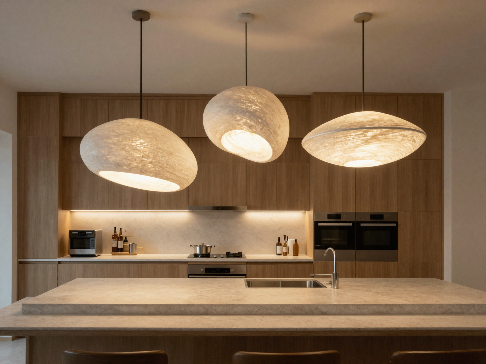 Kitchen island with oversized sculptural pendant lighting