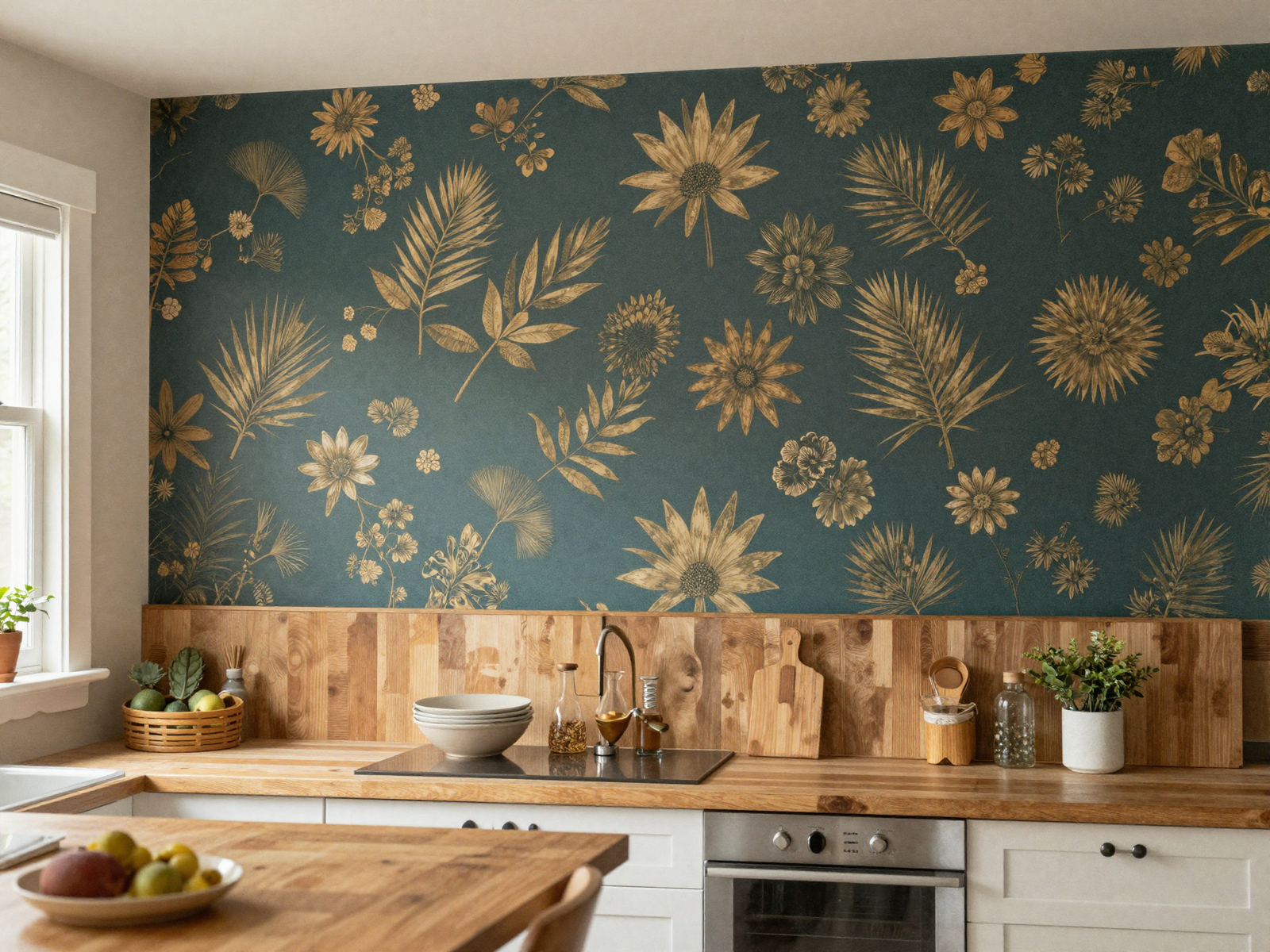 Kitchen breakfast nook wall with bold decorative wallpaper