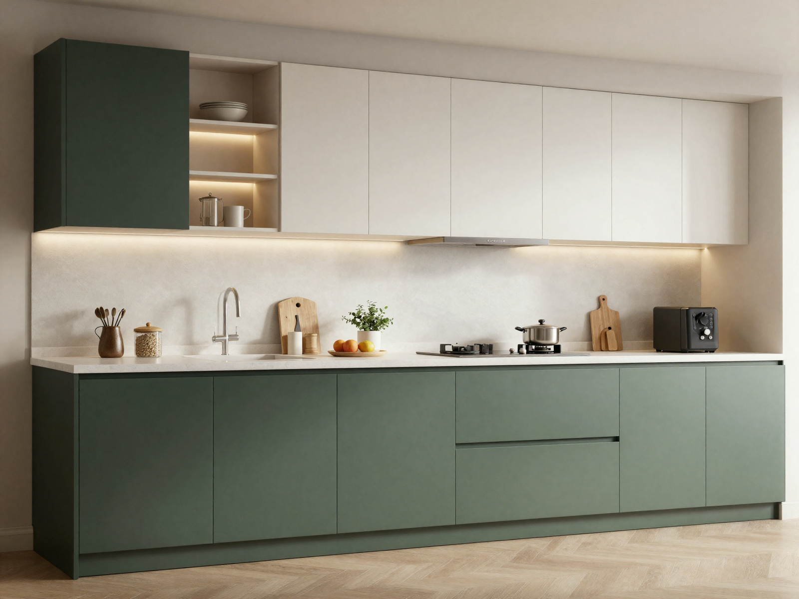 Two-tone kitchen with moody green lower and white upper cabinets