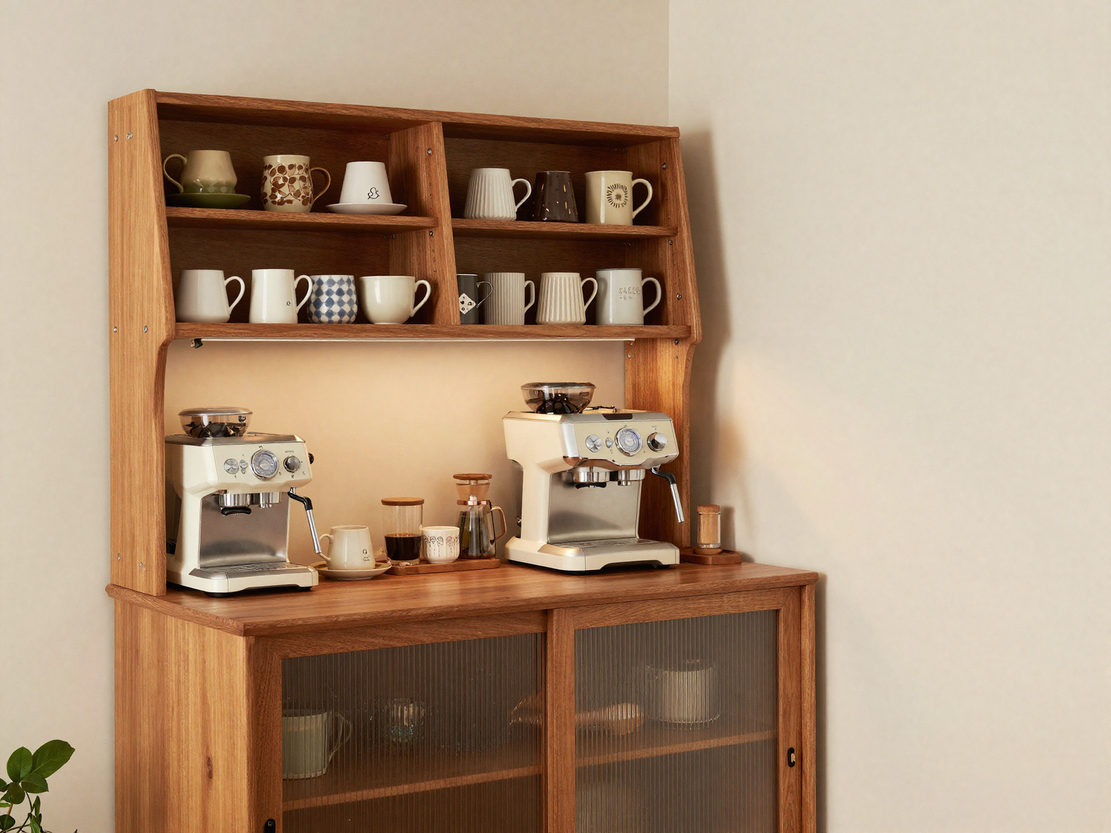 Kitchen coffee bar with open shelving and espresso machine