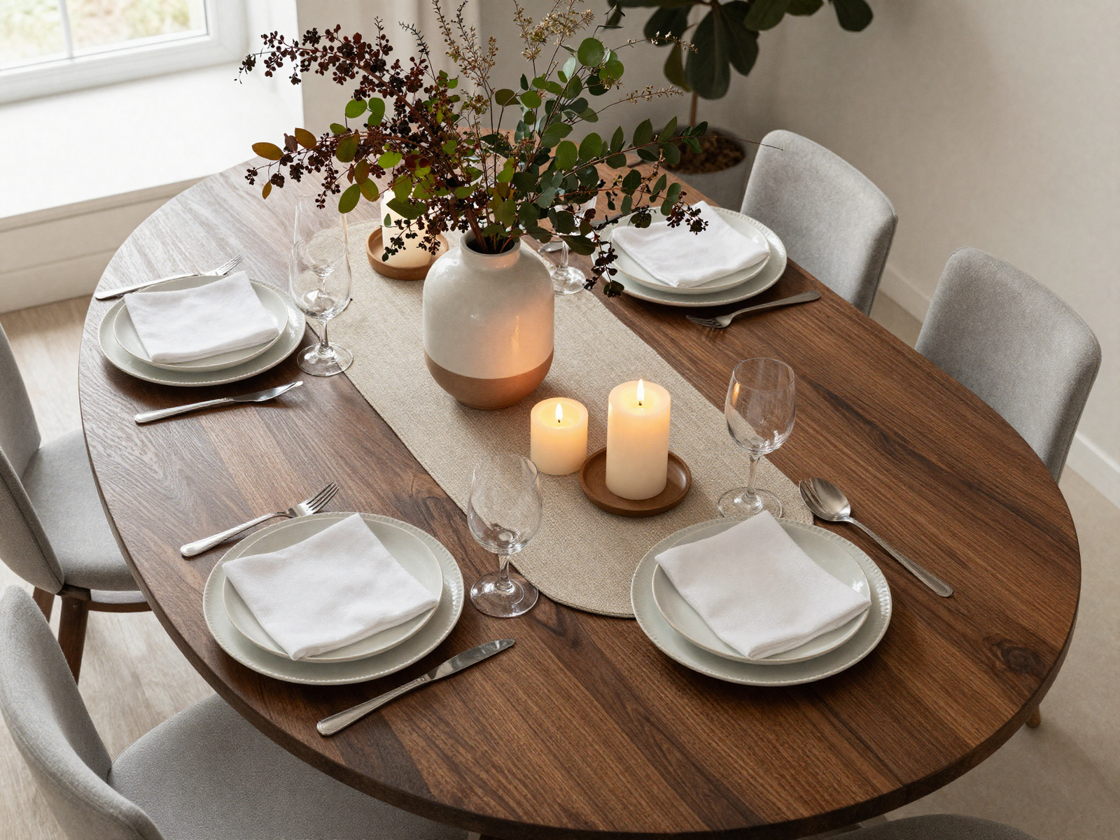 Dining table centerpiece with vase, candles, and foliage