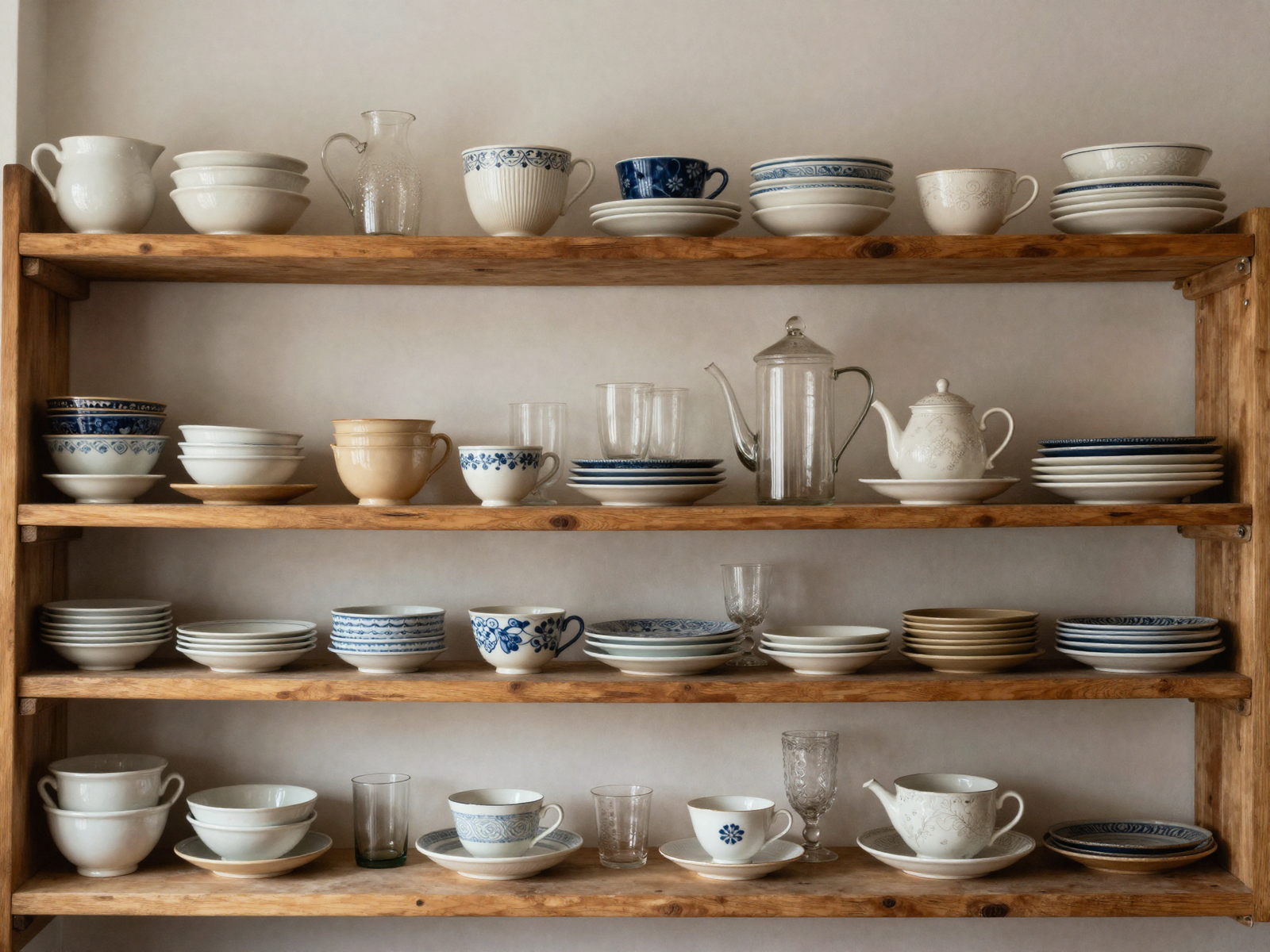 Kitchen open shelving with vintage ceramics and glassware