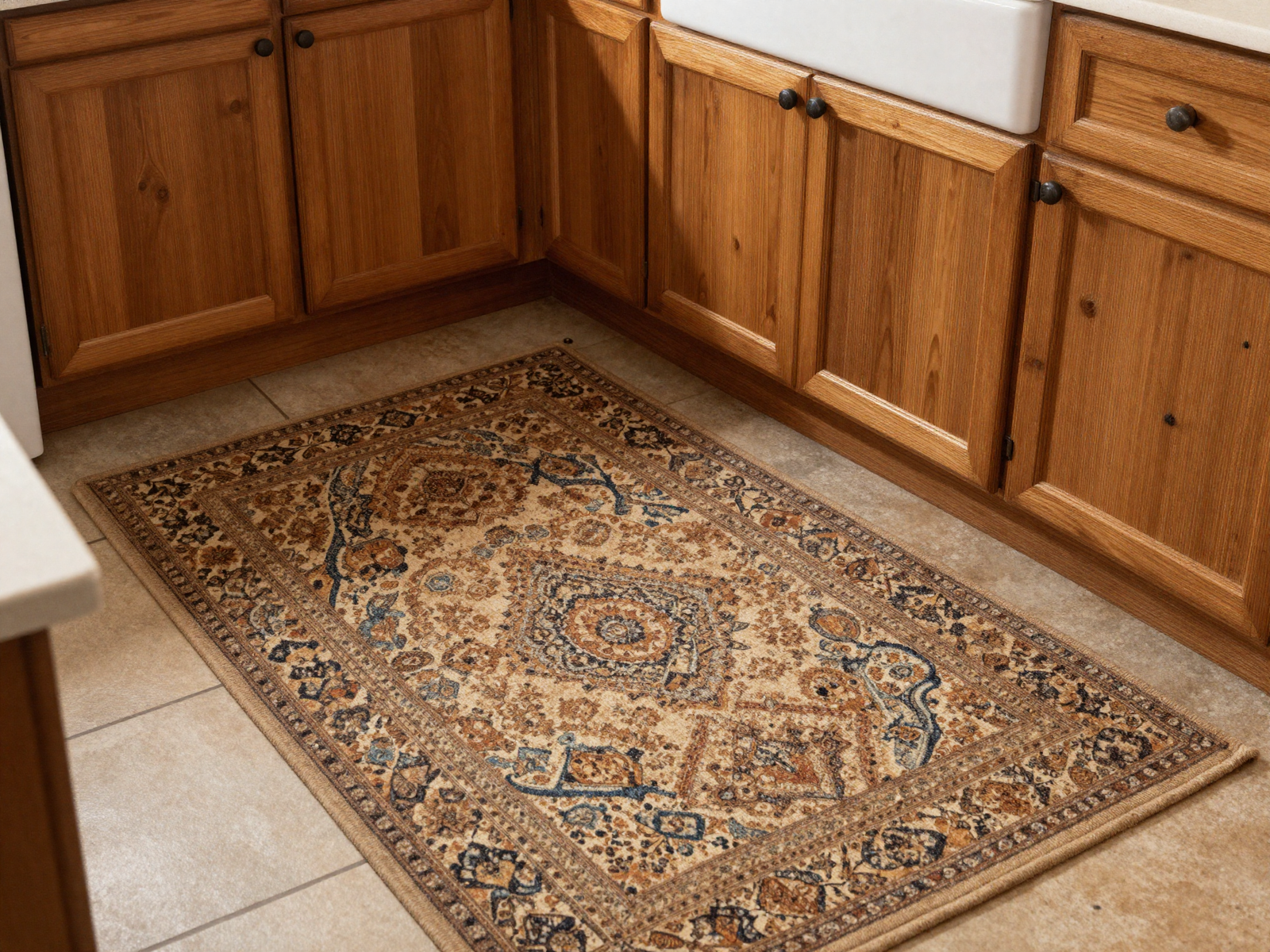 Kitchen floor with vintage patterned area rug near the sink