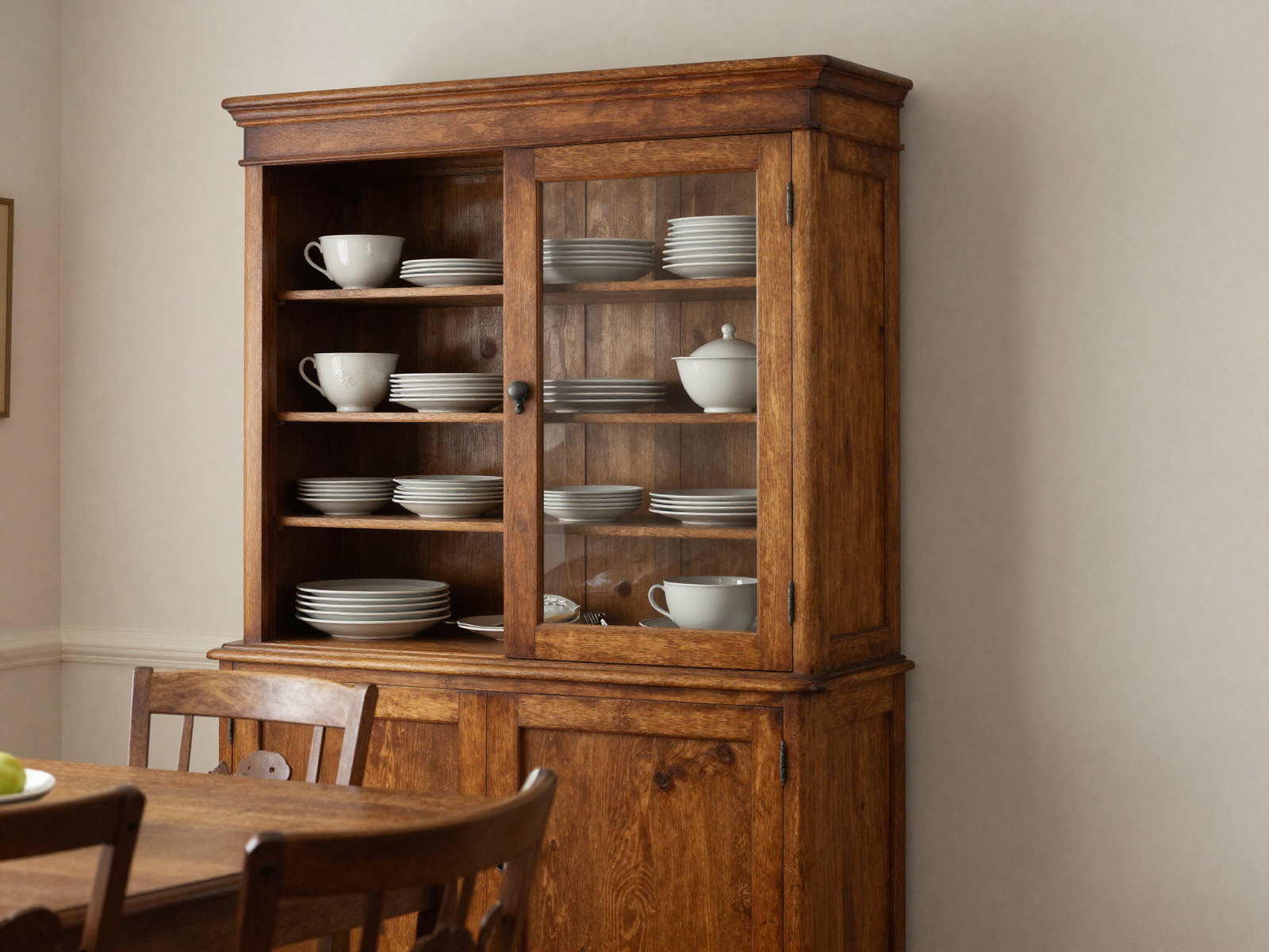 Dining room with vintage wood hutch displaying dishware
