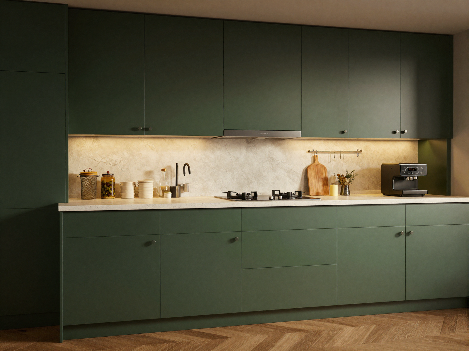 Kitchen cabinets in deep moody green color palette
