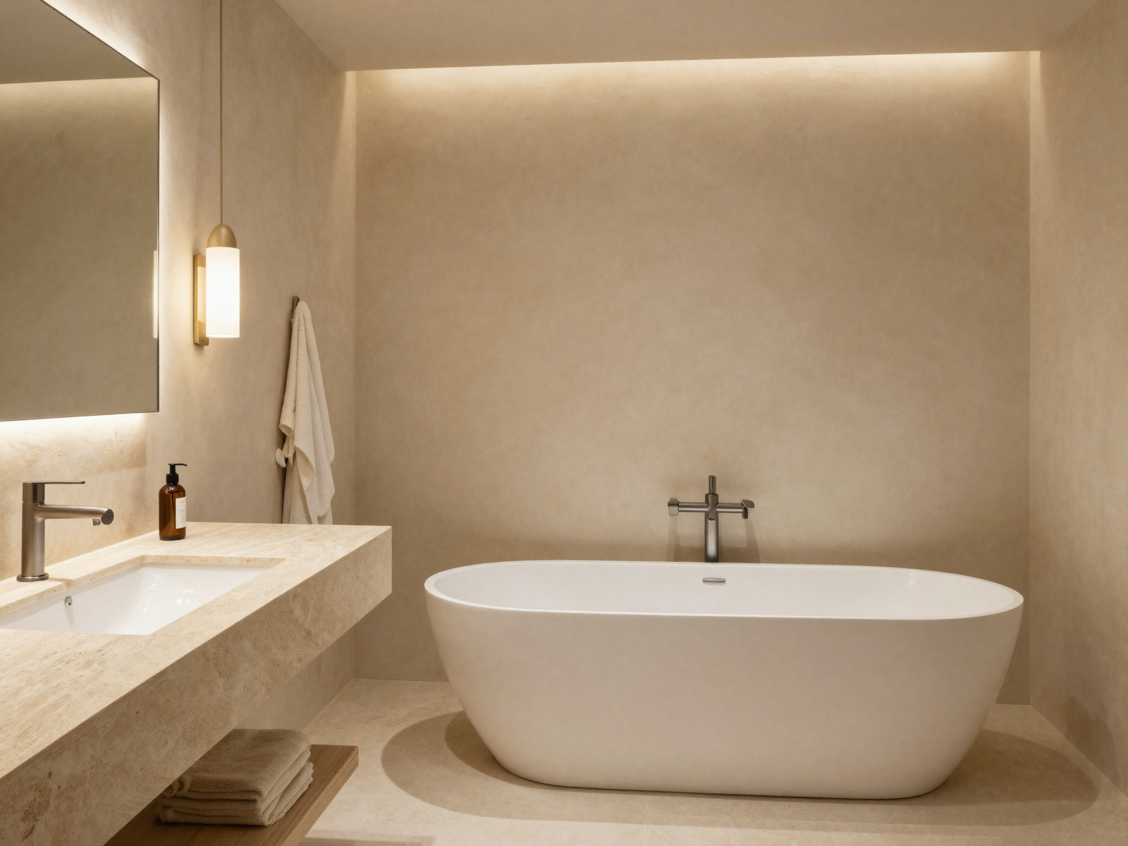 Spa bathroom with warm limewash plaster walls and stone counter