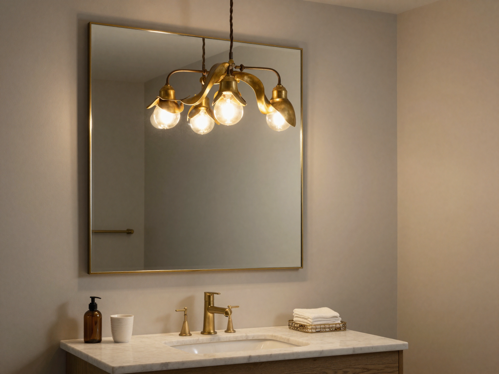 Bathroom vanity with sculptural vintage brass pendant light