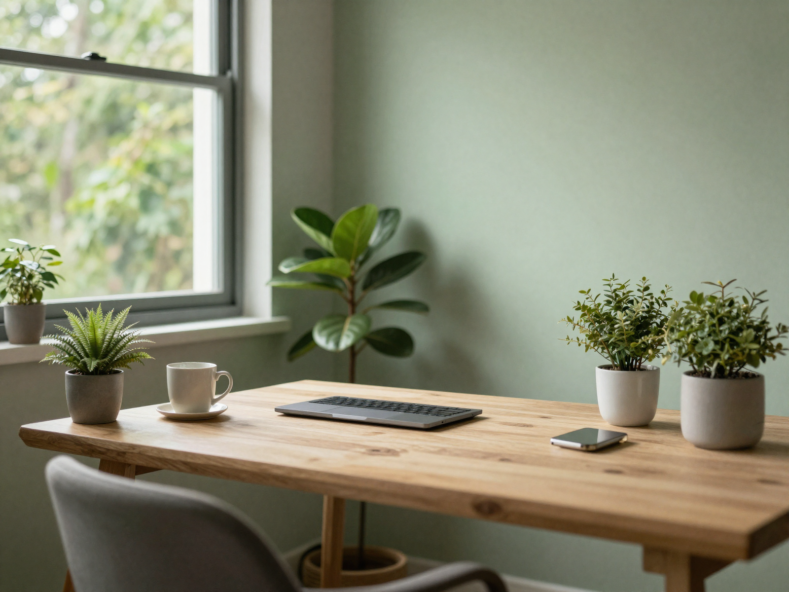 Home office corner near window with plants and natural light