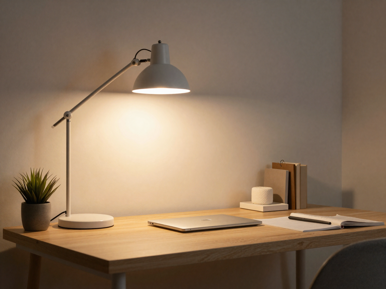 Home office desk with layered task and ambient lighting