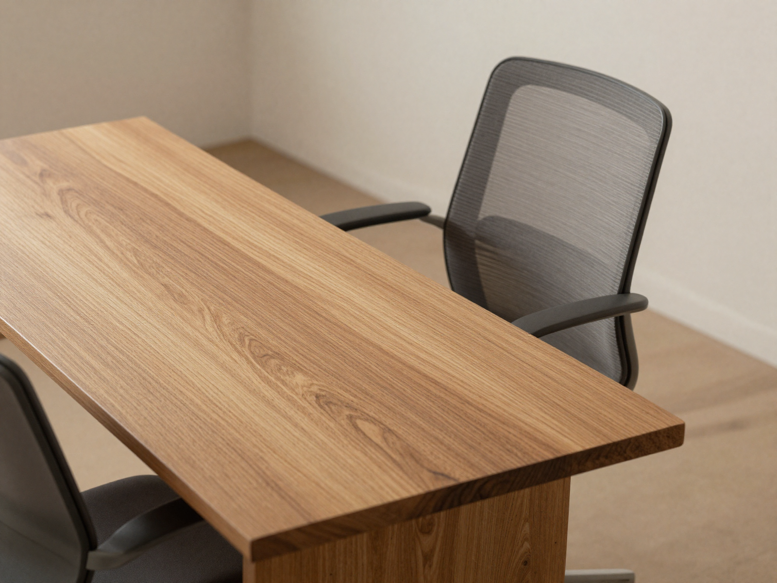 Home office desk in solid wood with visible grain texture