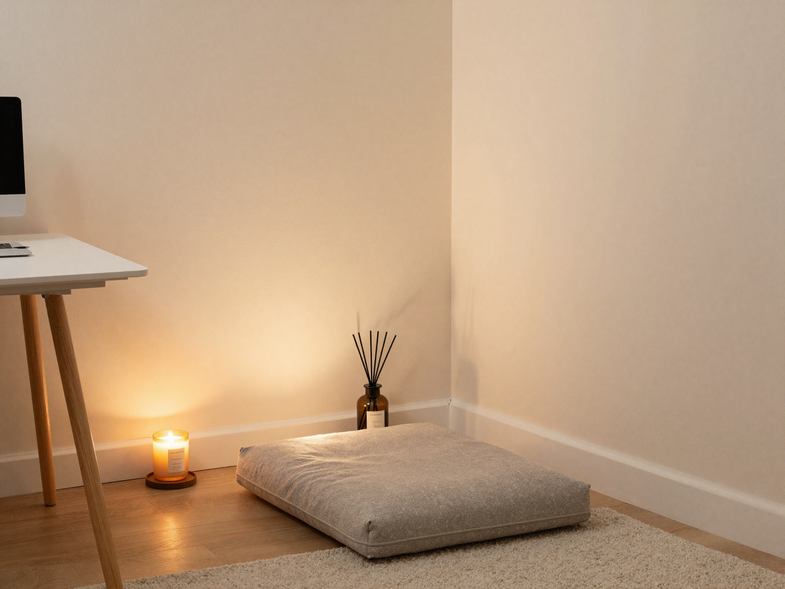 Home office corner with candle and floor cushion for wellness breaks