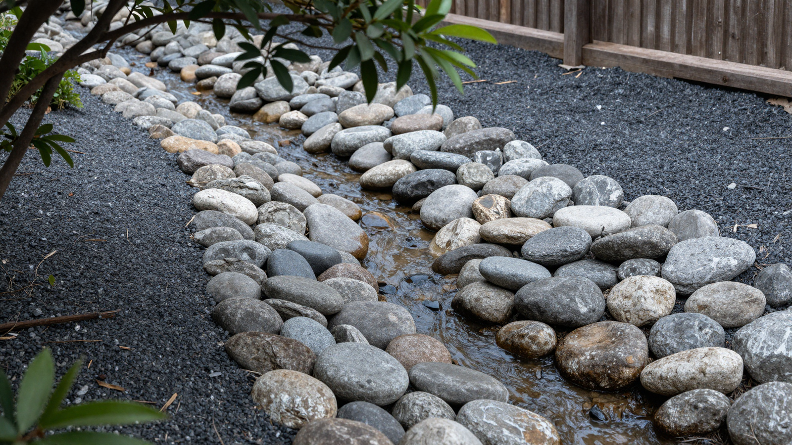 Dry creek bed of river rocks and dark gravel cutting through a backyard landscape