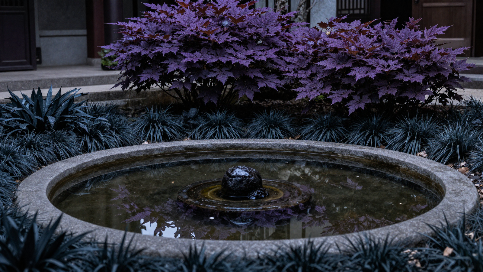 Small reflection pond with dark water surface surrounded by purple foliage