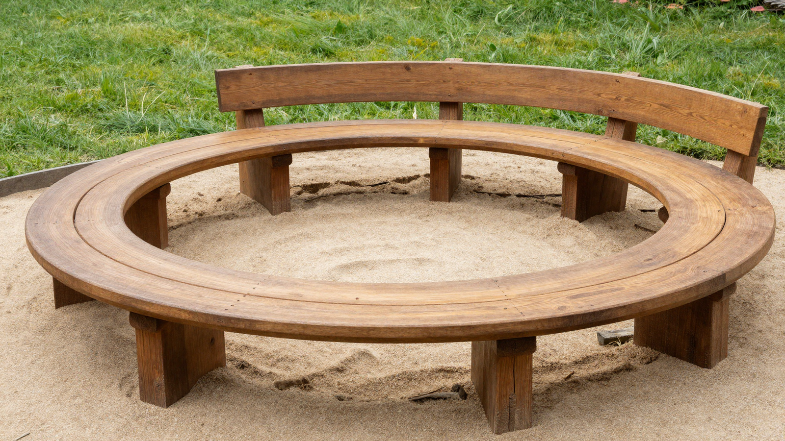 Built-in timber bench curving around a sand circle with raw log supports