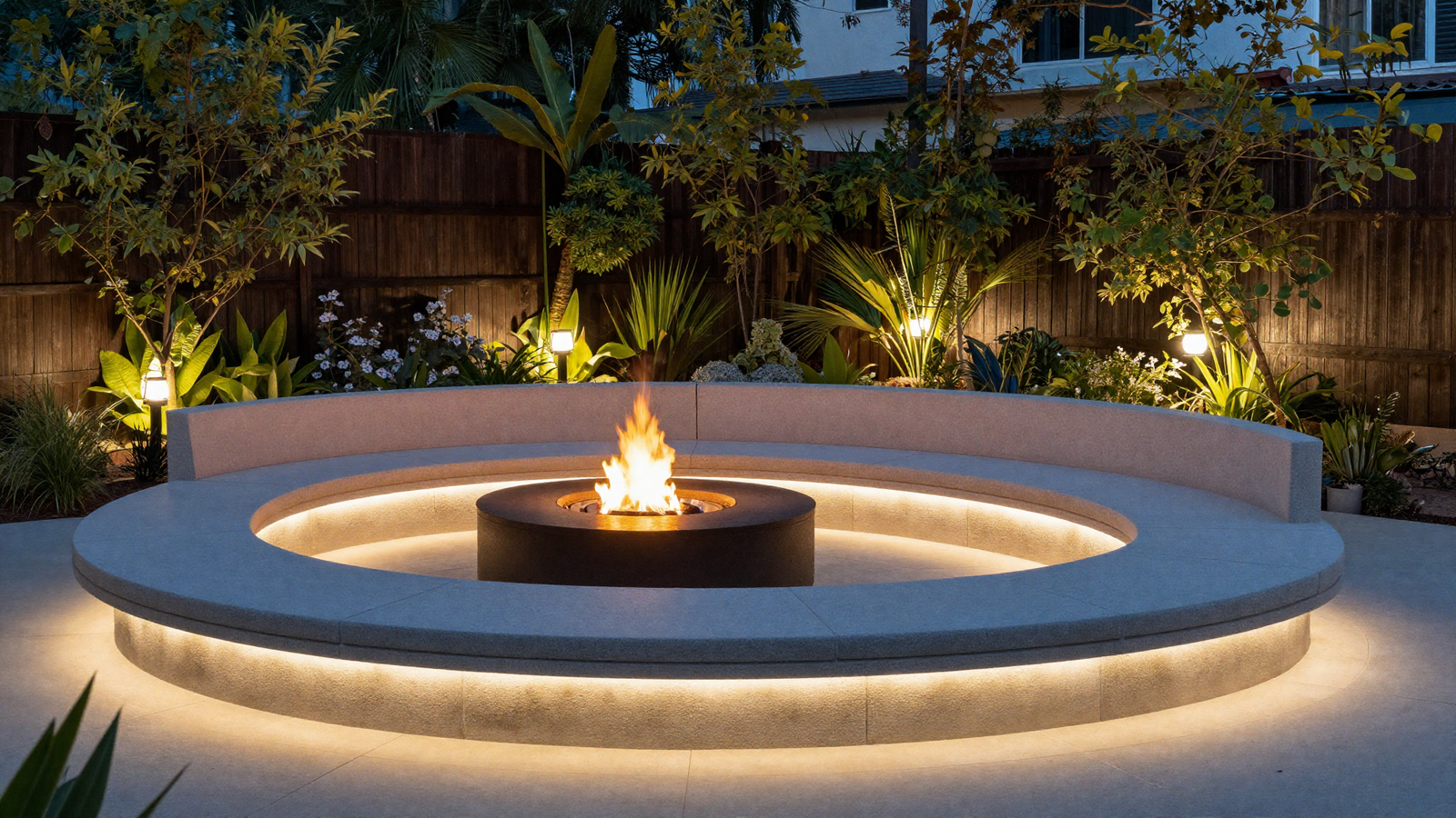 Large outdoor fire pit seating area with hidden strip lighting and soft yard lights