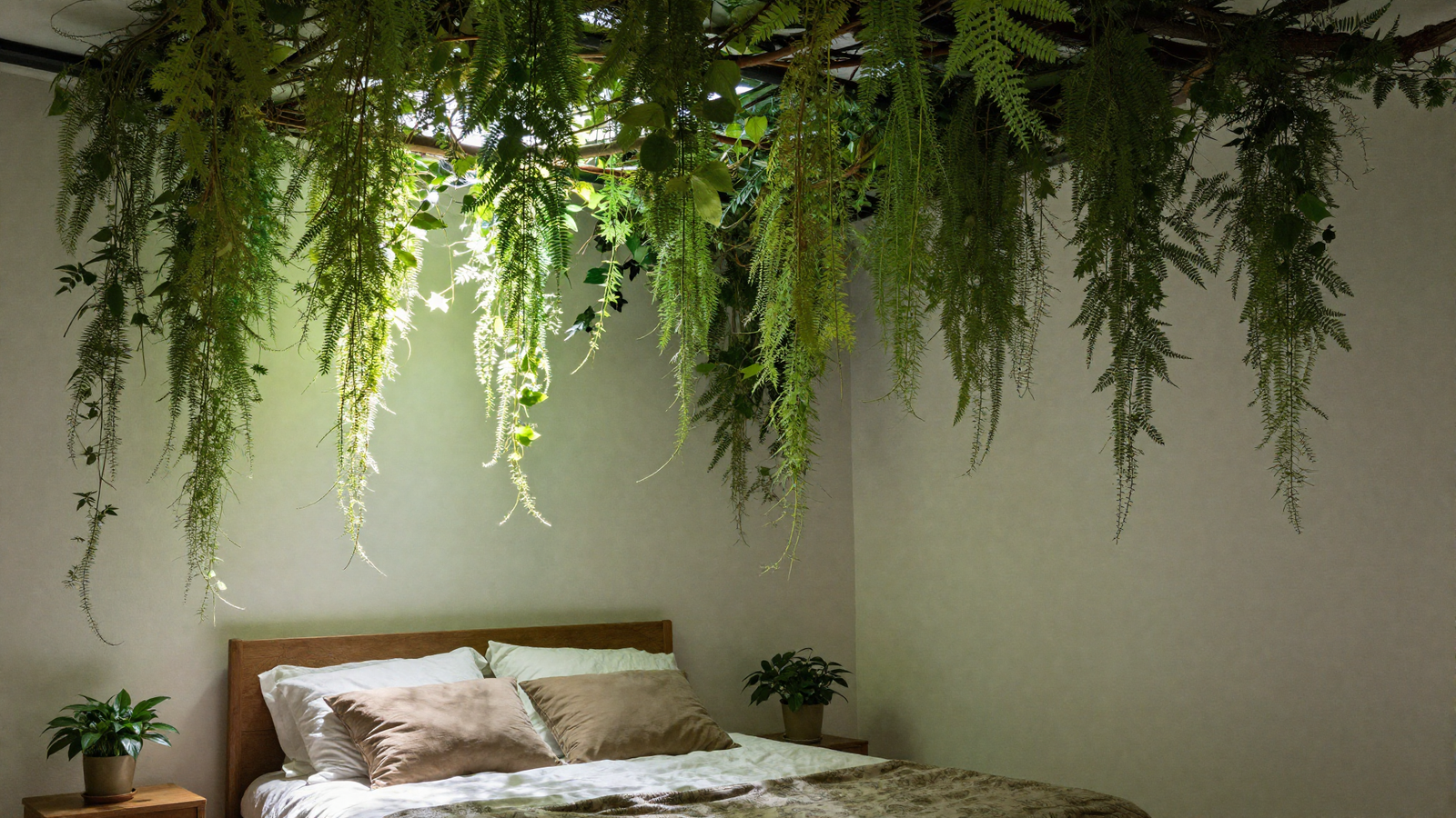 Bedroom ceiling with draping vine plants creating a canopy effect above the bed