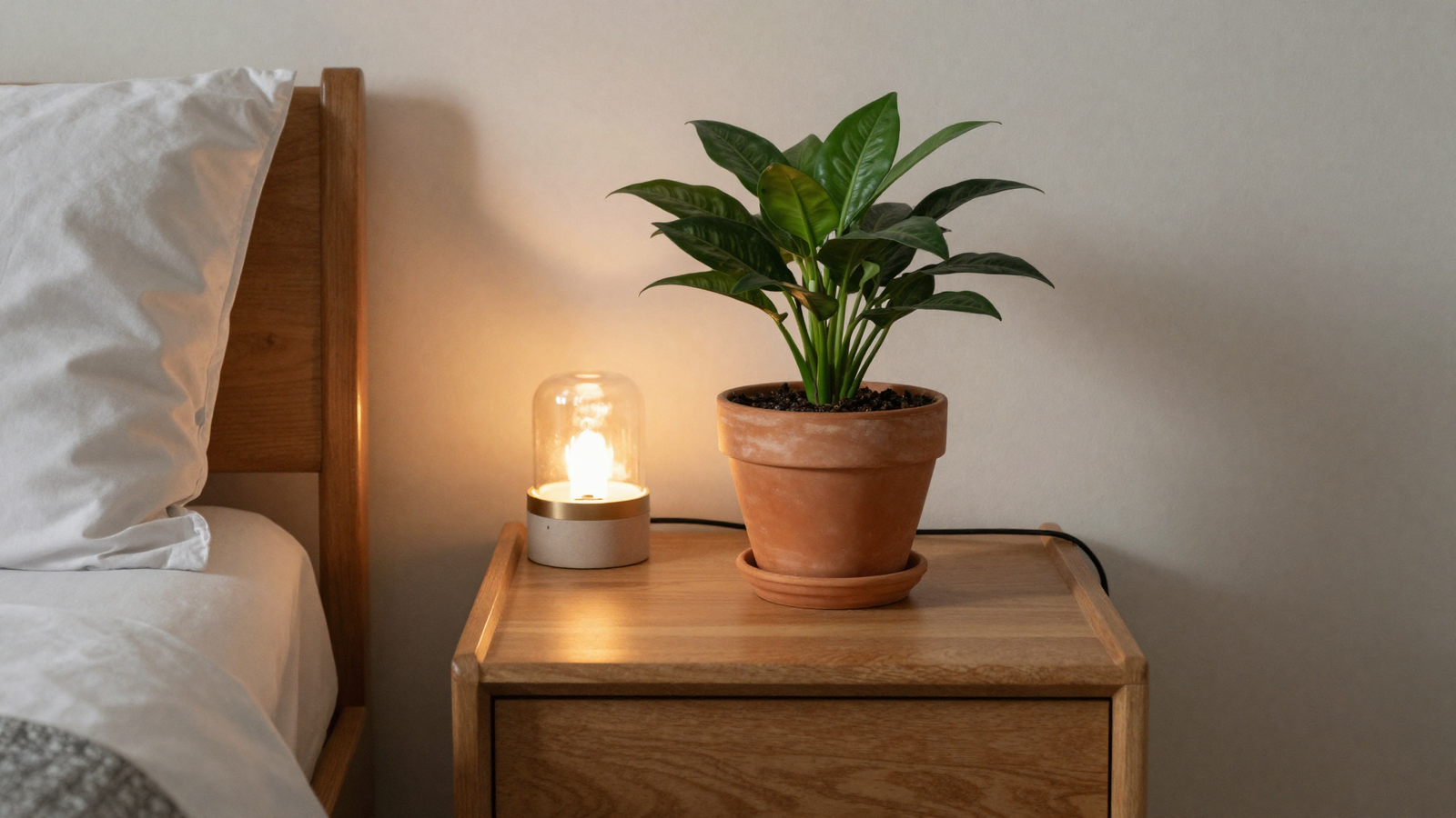 Bedside table with small terracotta planter holding a peperomia plant