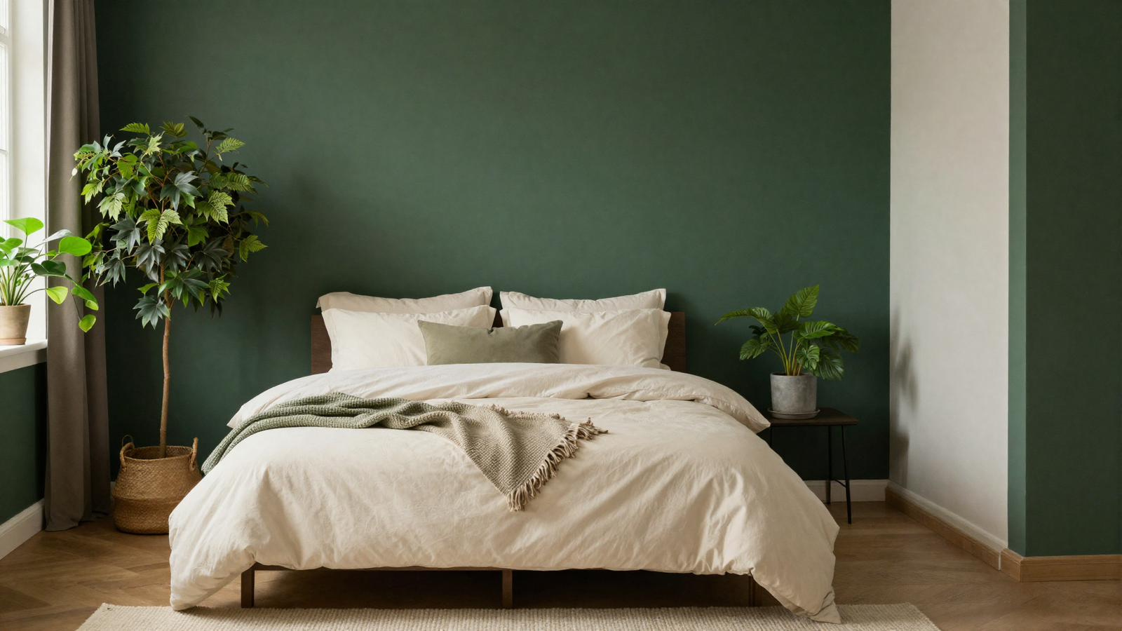 Bedroom with deep forest green accent wall paired with layered green houseplants